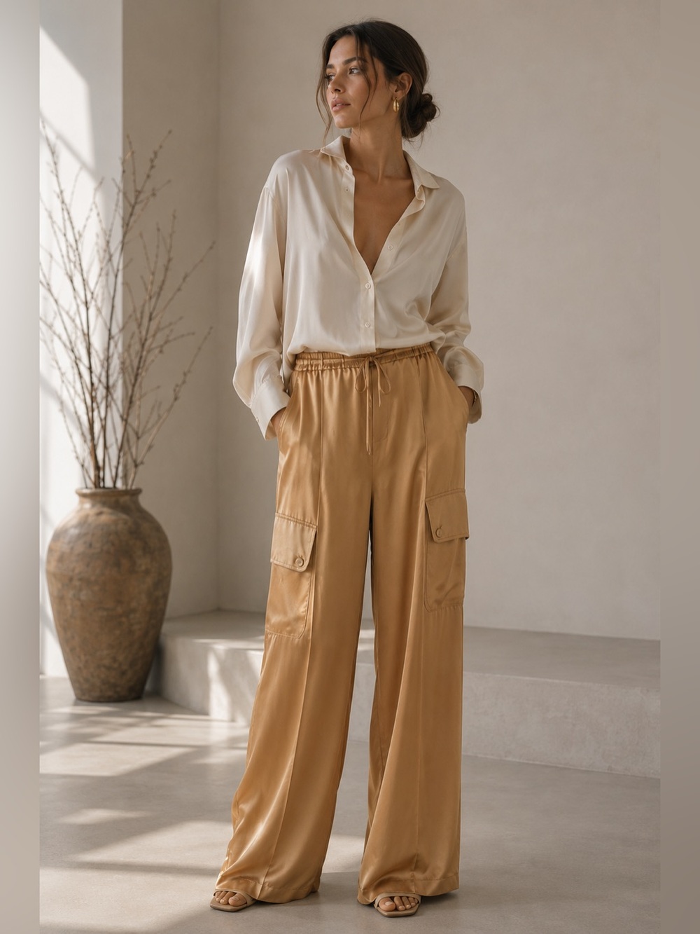Silk & Satin Vintage Silk Wide Leg Cargo Pants | Luxe Loungewear Resort | L
